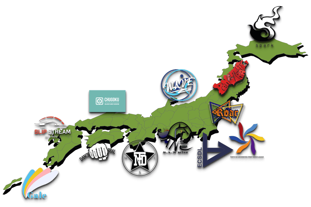 全日本大学ストリートダンス連盟の加盟連盟地図